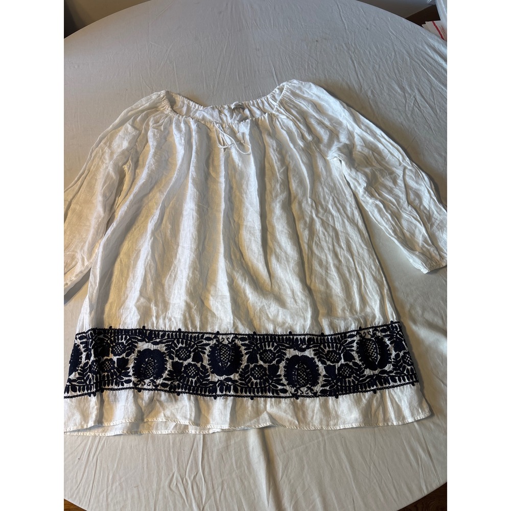J.Crew Peasant Tunic Women XL White Linen Navy‎ Floral Embroidered